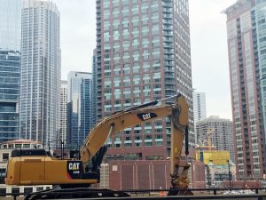 A Caterpillar 349E hydraulic excavator at E Lower Wacker Dr, Chicago.