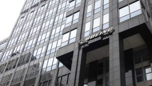 The Boeing logo is seen at its Chicago headquarters. (Minghe Hu/Medill)