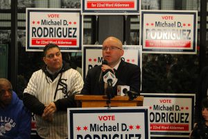 Michael Rodriguez addresses supporters on election night.