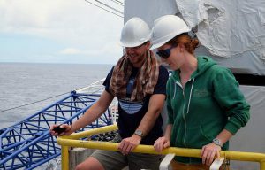 Sophie Hines and a colleague on a deep-sea drilling rig