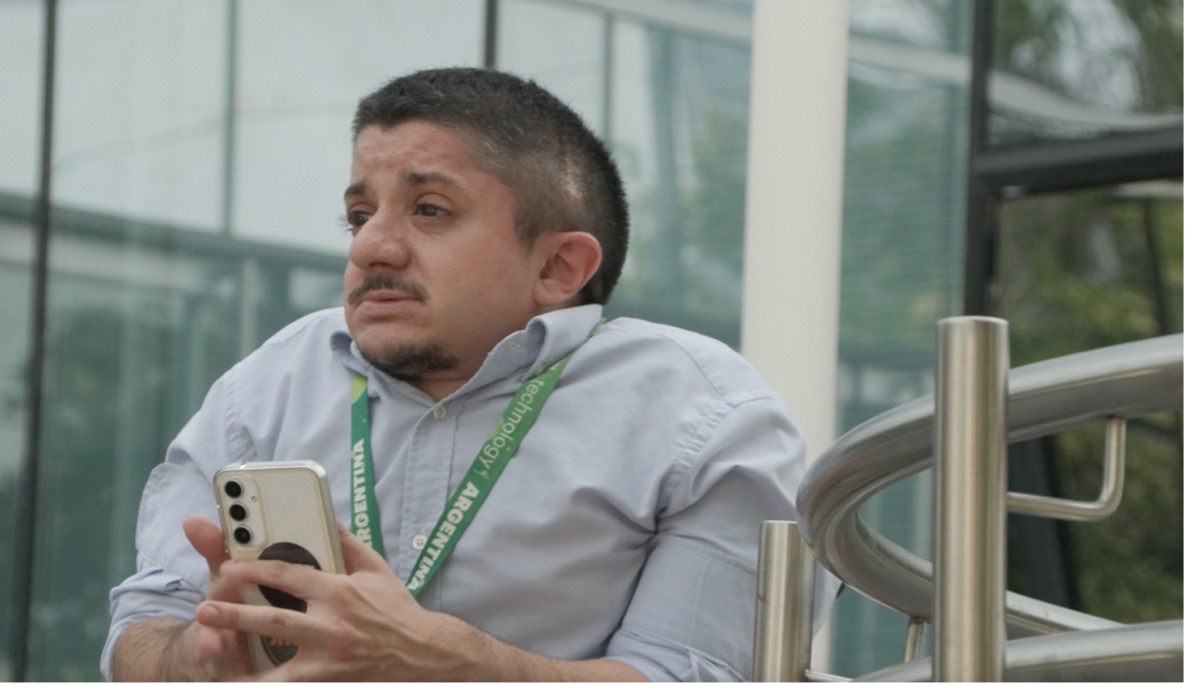 Jeremías Gamarra outside his workplace, Accenture, in Buenos Aires, Argentina on Feb. 6, 2024.