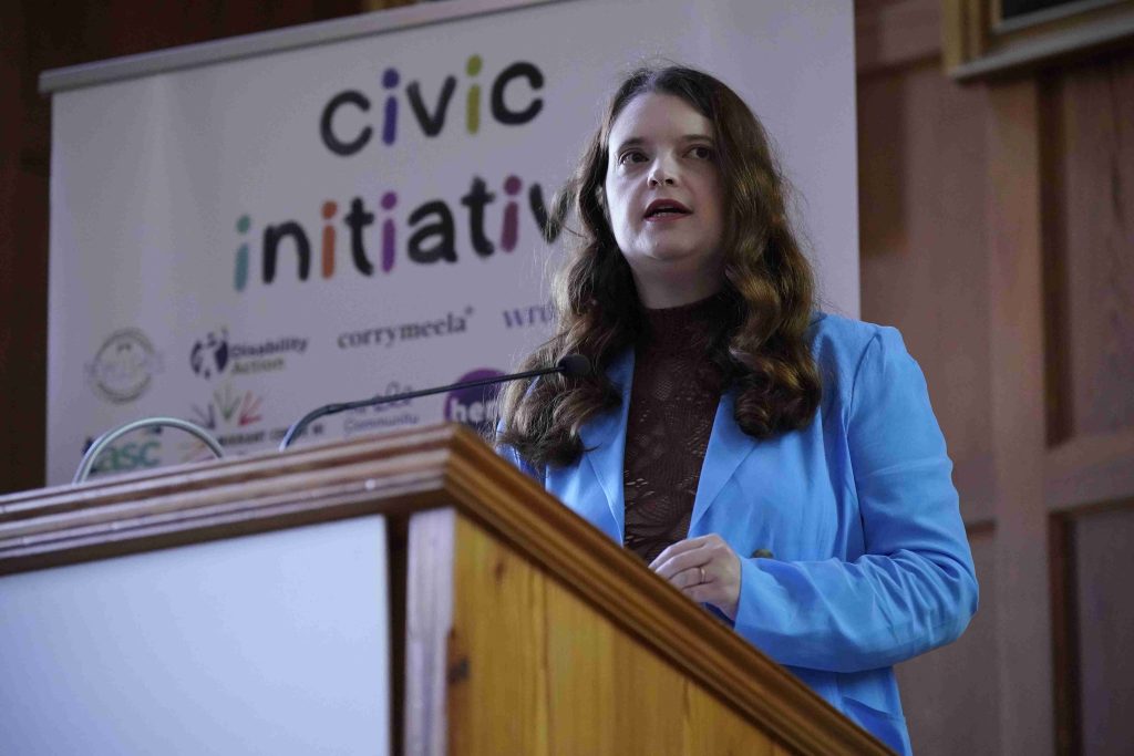 Emma DeSouza speaks at an event organized by the Civic Initiative, a project she founded to enhance citizen participation in decision-making processes in Northern Ireland. (Photo: Emma DeSouza)