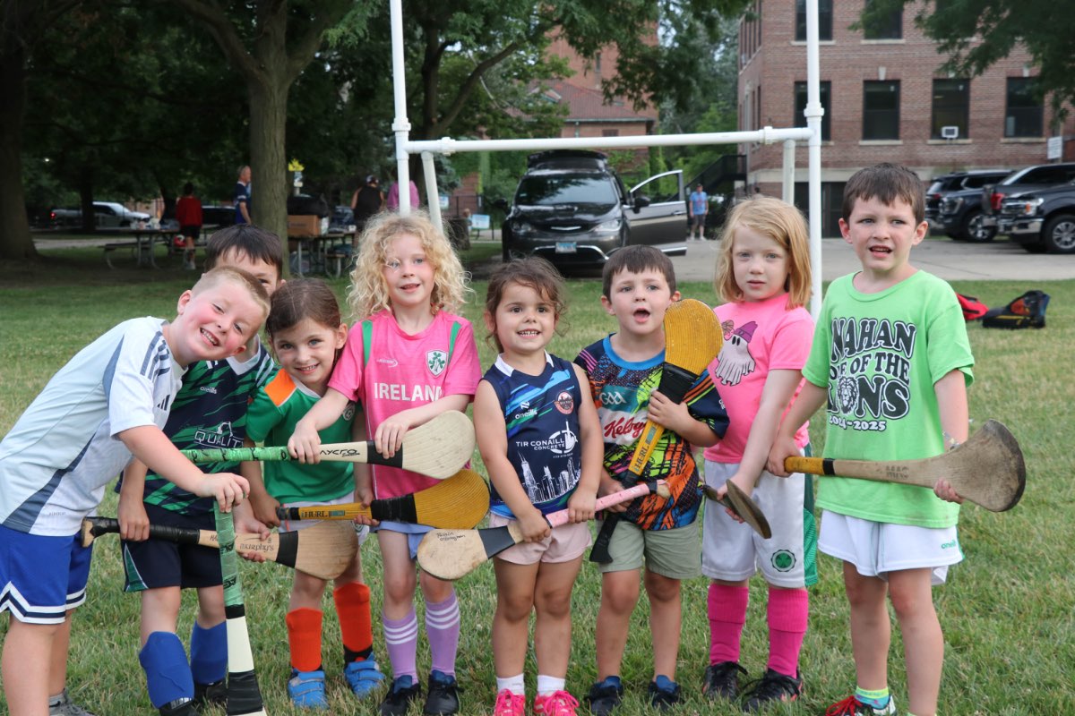Young hurlers in the Chicago Celtics club on the city’s North Side pose for a photo during training at Peterson Park on July 16 (Photo: Tom O'Connor)