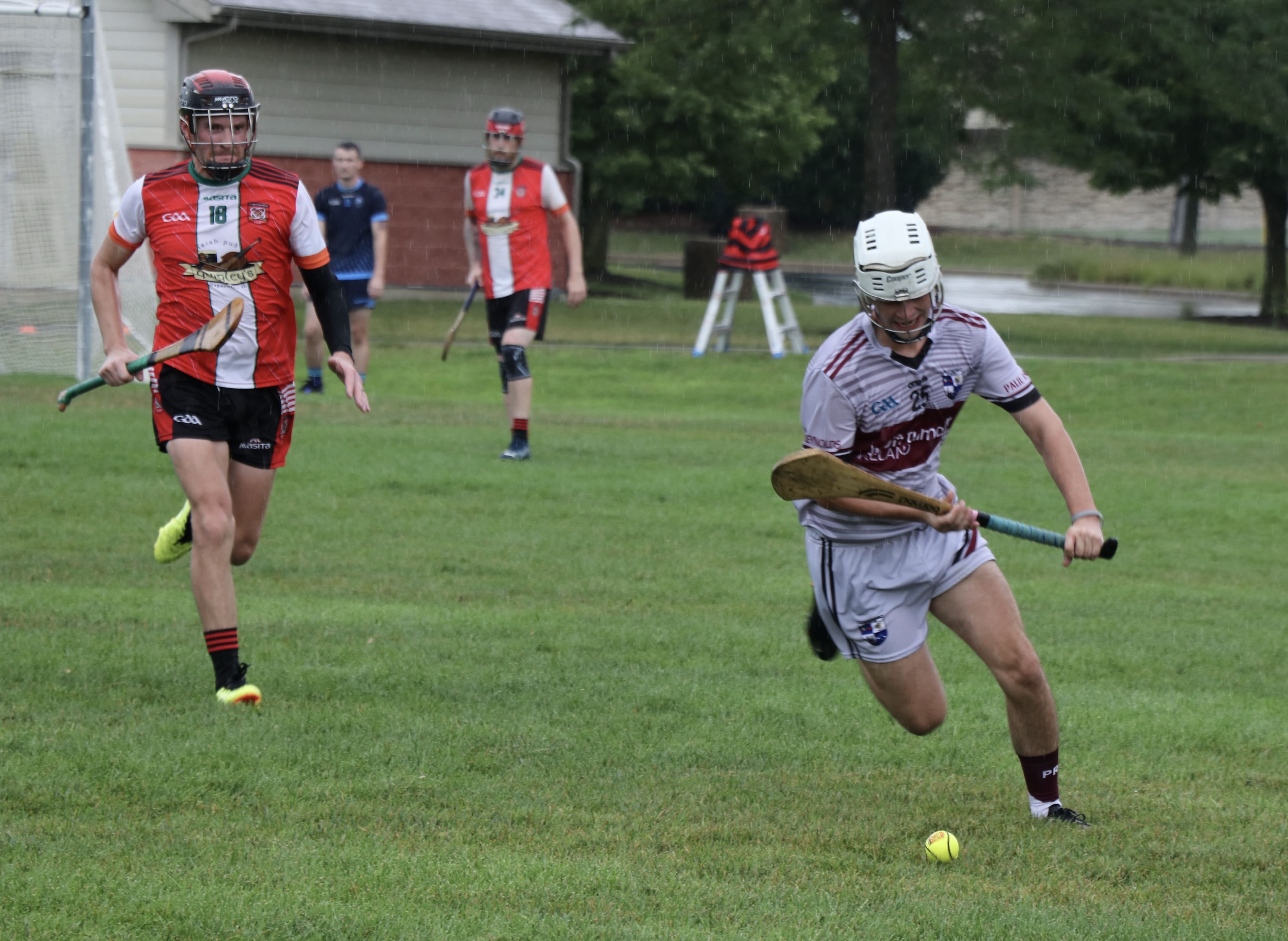 An intense hurling match at the Joe Hurd Memorial Tournament at Naperville Hurling Club on July 26 (Photo: Tom O'Connor)