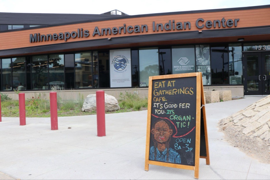 Front facade of Minneapolis American Indian Center with Gatherings Cafe sign