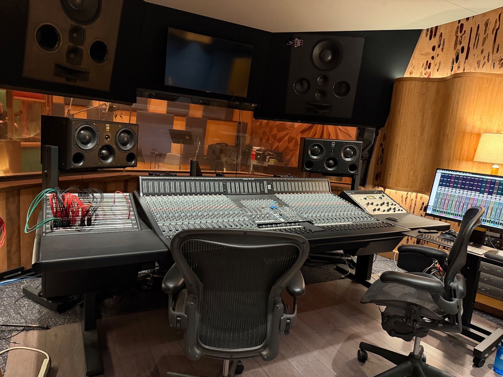 Audio mixing console in a recording studio