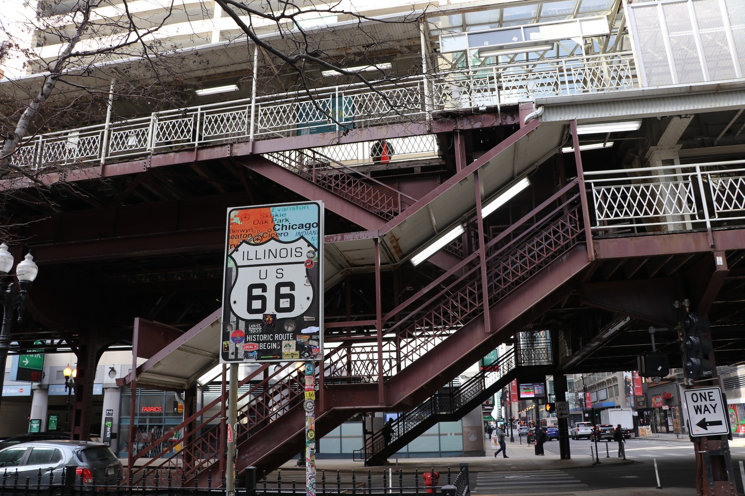 Wayfinding signage tracks the path of the Historic Route 66 out of Chicago in mid-February. 