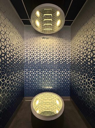 Chicago museum restroom with geometric blue pattern