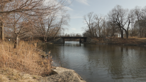 Bridge over a calm river in autumn
