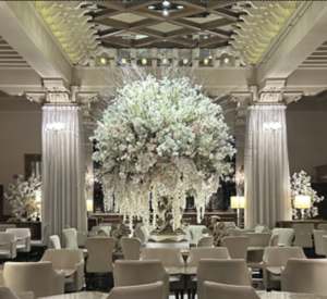 Elegant floral arrangement in grand lobby