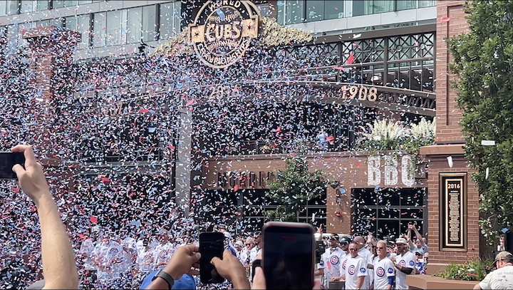 Confetti falls in front of Champions Gate