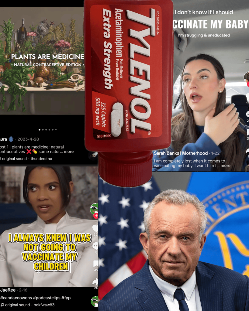 Tylenol bottle and people discussing vaccines