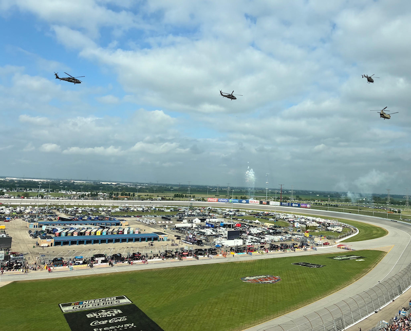 Chicagoland Speedway with helicopters flying