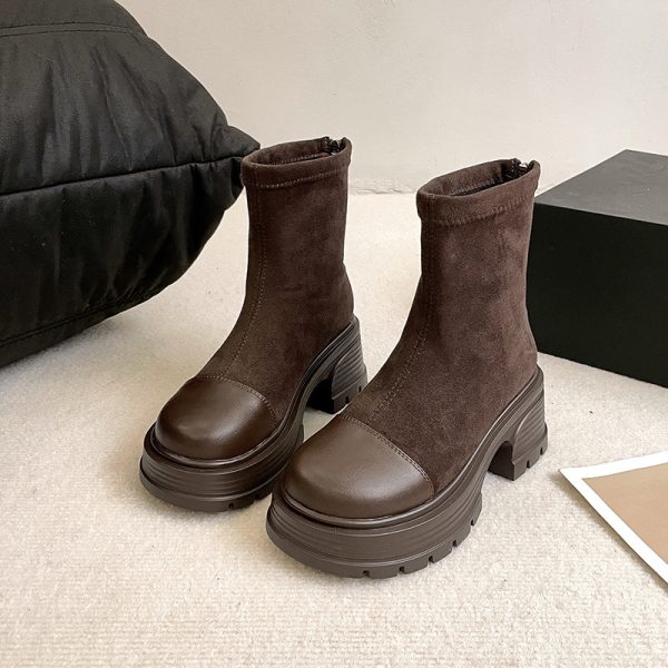 Retro Chunky Heel Versatile High-rise Suede Smoke Tube Boots - Image 7