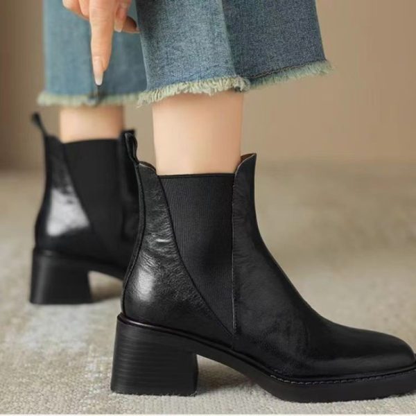 Women's Soft Leather Chunky Heel French Boots - Image 5