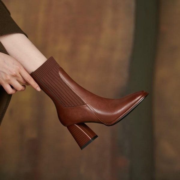 Square Toe Vintage French Chunky Heel Women's New Brown Knitted Stretch Socks High Heel Ankle Boots - Image 6