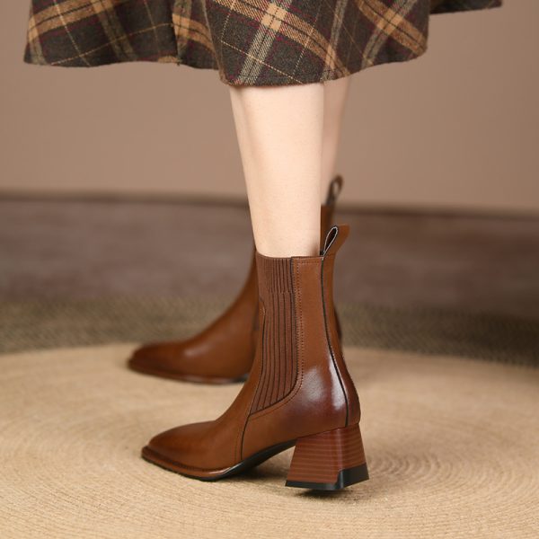 Square Toe Vintage French Chunky Heel Women's New Brown Knitted Stretch Socks High Heel Ankle Boots - Image 2