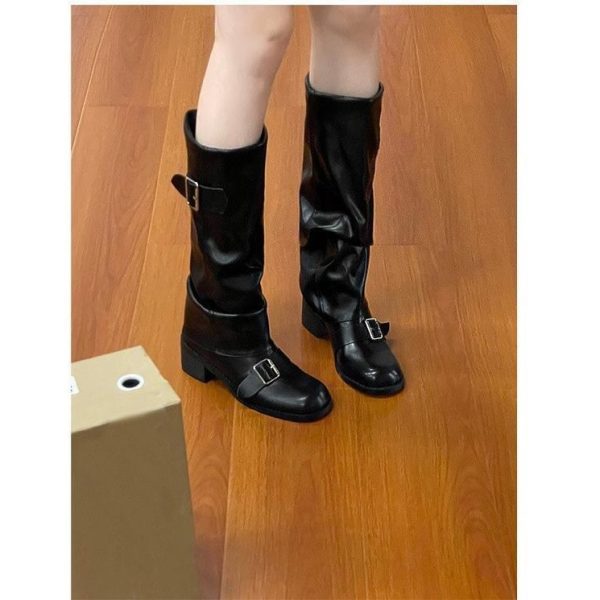Retro Simple Brown Short Heel Pleated Knight Boots - Image 4