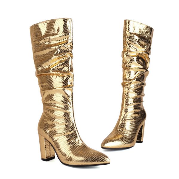 European And American Style Patent Leather Plaid Boots Pointed Toe Chunky Heel Women - Image 9