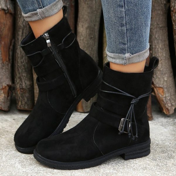 Round Toe Buckle Shoes Casual Retro Boots With Side Zipper Low Heel Outdoor Non Slip Ankle Boots For Women - Image 5