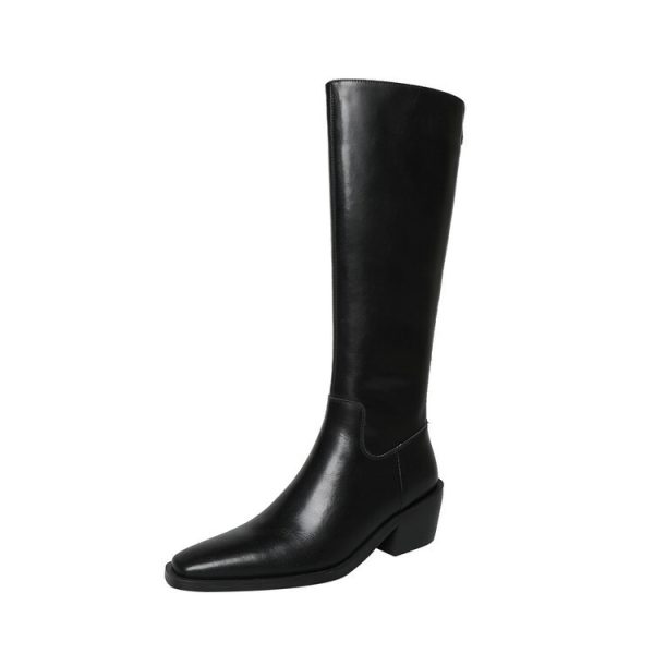 British Style Square Toe Mid-heel Thick Heel White Cowhide High Leg Boot Back Zipper - Image 5