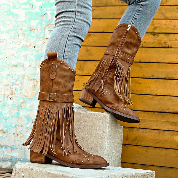 Retro Tassel Boots With Rivet Strap Buckle Design Shoes For Women Winter Footwear Fashion Mid-calf Square Heel Knight Western Boots - Image 2