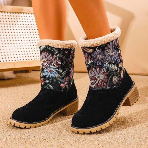 Flowers Embroidered Snow Boots Ethnic Style Platform Thick Square Heel Mid-tube Boot Winter Warm Cotton Shoes For Women - Image 4