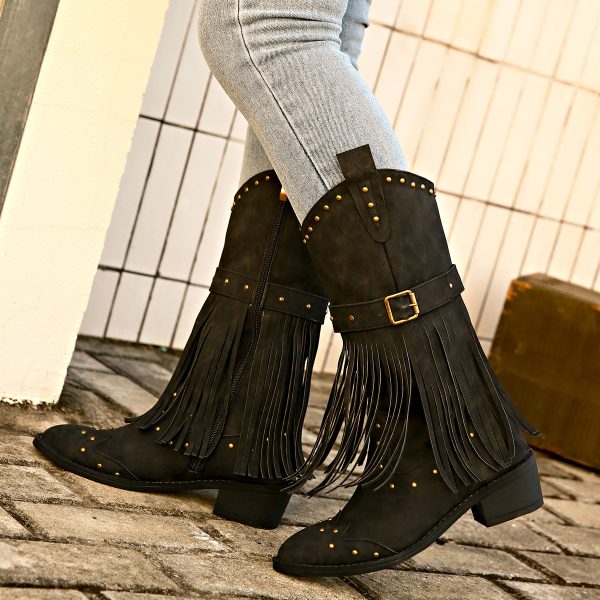 Retro Tassel Boots With Rivet Strap Buckle Design Shoes For Women Winter Footwear Fashion Mid-calf Square Heel Knight Western Boots - Image 4