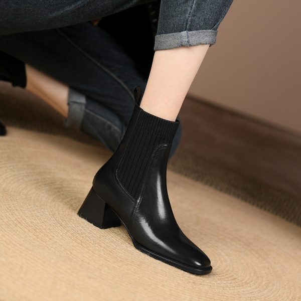 Square Toe Vintage French Chunky Heel Women's New Brown Knitted Stretch Socks High Heel Ankle Boots - Image 4