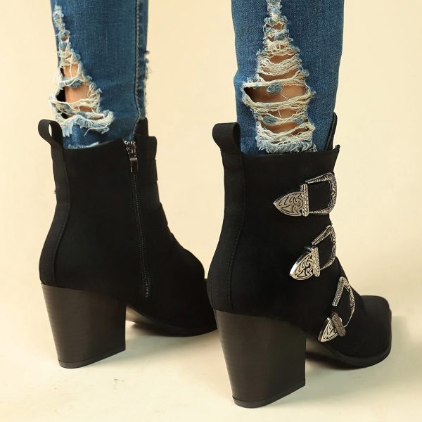 Chunky Heel Pointed Toe Boots With Belt Buckle Design Retro Mid-calf Boot Fashion Fall Winter Shoes For Women - Image 3