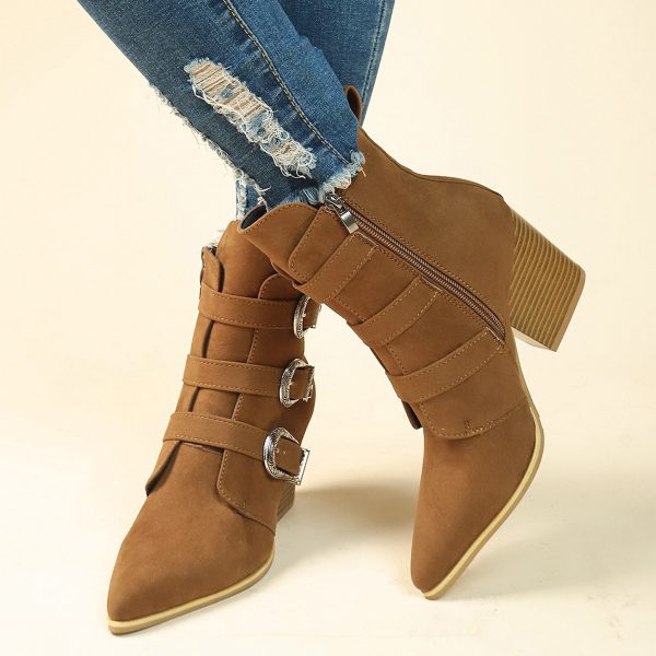 Chunky Heel Pointed Toe Boots With Belt Buckle Design Retro Mid-calf Boot Fashion Fall Winter Shoes For Women - Image 6