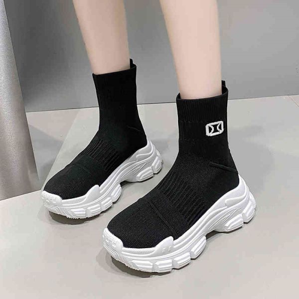 Spring And Autumn Fashion Thick Soled Height Increasing Flyknit Elastic Boots - Image 5