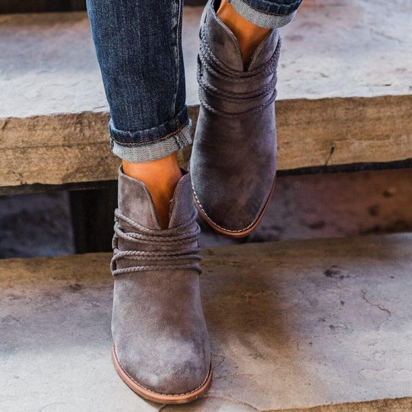 Retro V Cutout Shoes Women Chunky Ankle Boots - Image 2