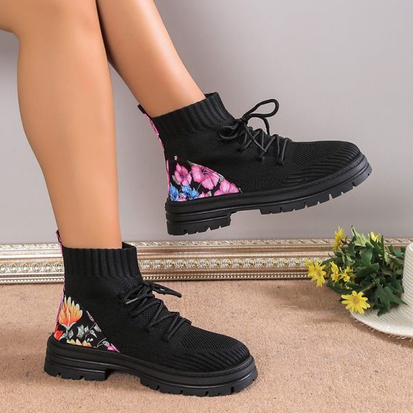 Flowers Print Sock Boots Knitted Mesh Shoes Breathable High-top Elastic Slip-on Shoes For Women Autumn Winter Ankle Boots - Image 5