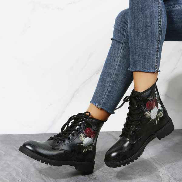 Halloween Shoes Rose Flower Print Lace-up Ankle Boots Women - Image 7