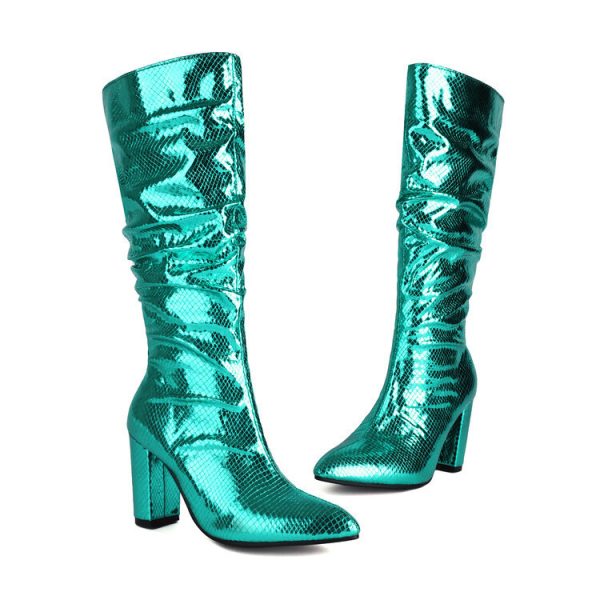 European And American Style Patent Leather Plaid Boots Pointed Toe Chunky Heel Women - Image 6