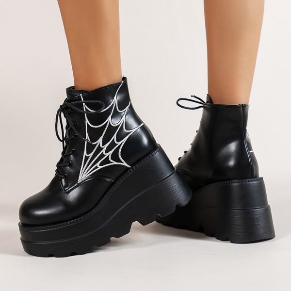 Platform Wedge Dr Martens Boots Autumn And Winter Spider Web Round Toe Lace-up Short Leather Boots - Image 8
