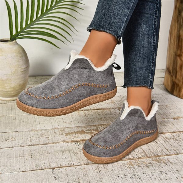Fashion V-cut Plush Ankle Boots Winter Plus Velvet Flat Snow Boot Casual Warm Solid Suede Cotton Shoes For Women - Image 4