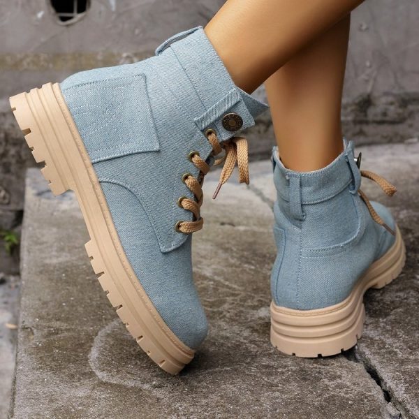 Lace-up Denim Ankle Boots Women Fashion Platform Cowboy Boots Casual Fashion Autumn Winter Round Toe Shoes - Image 3