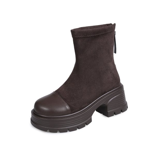Retro Chunky Heel Versatile High-rise Suede Smoke Tube Boots - Image 5