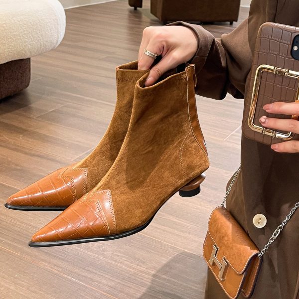 Retro Patchwork Pointed Boots Back Zipper Kitten Heel - Image 2