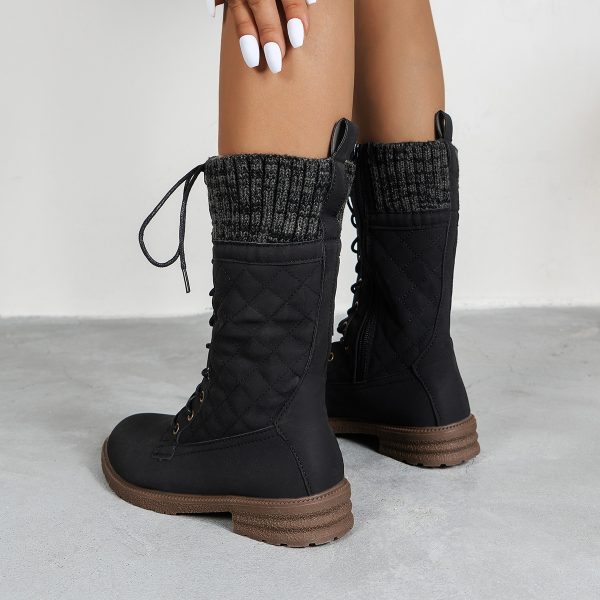 Lace Up Boots Winter Cowboy Boots Women Block Heel Round Toe Shoes - Image 3