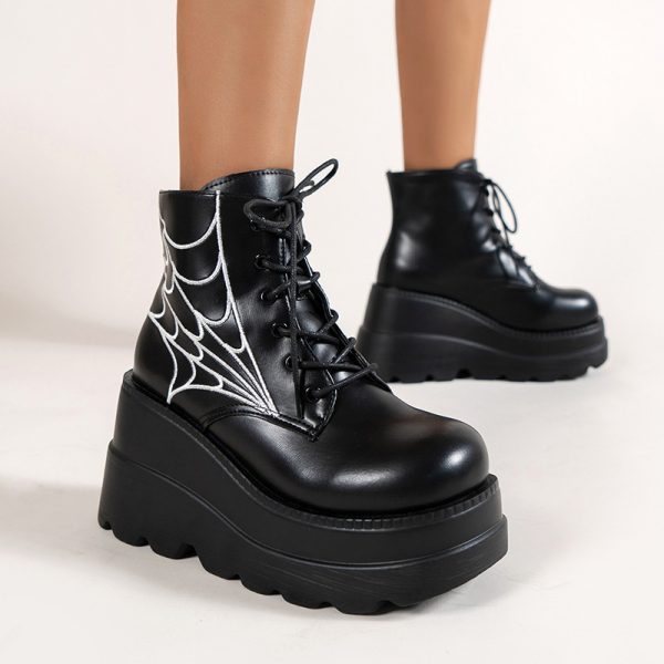 Platform Wedge Dr Martens Boots Autumn And Winter Spider Web Round Toe Lace-up Short Leather Boots - Image 4