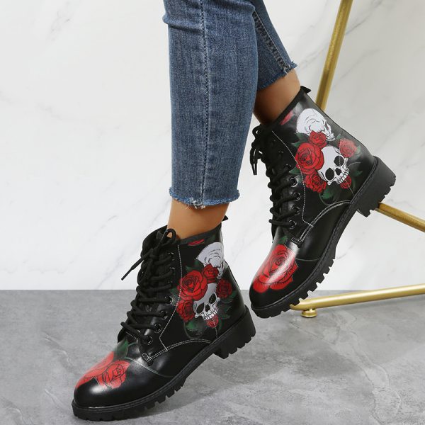 Halloween Shoes Rose Flower Print Lace-up Ankle Boots Women - Image 6