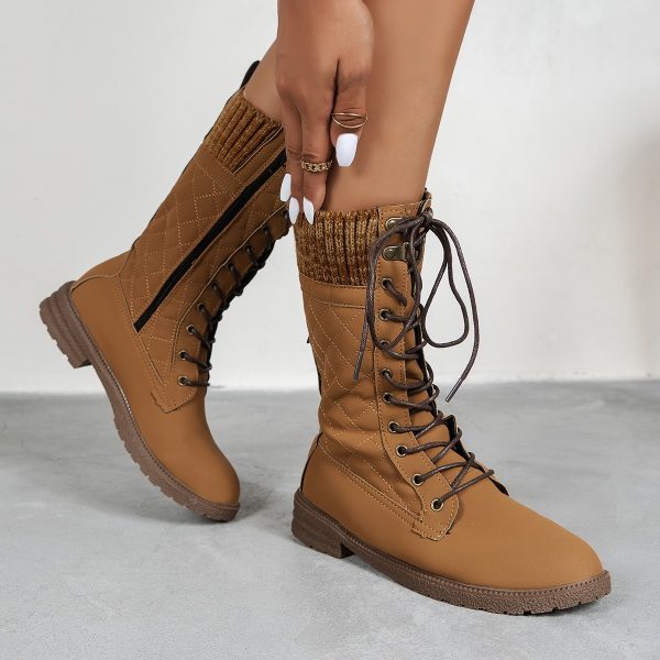 Lace Up Boots Winter Cowboy Boots Women Block Heel Round Toe Shoes - Image 7