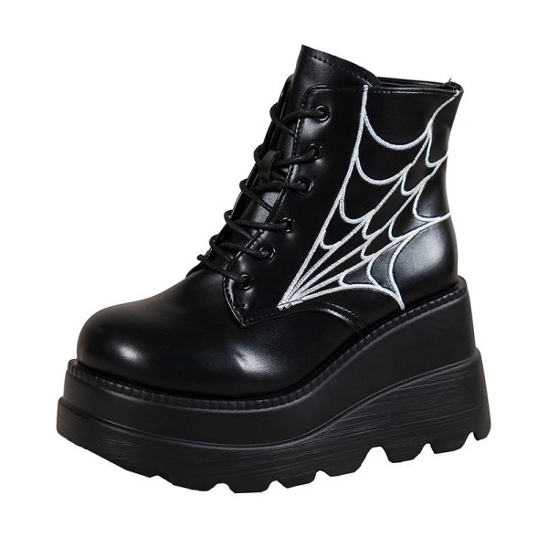 Platform Wedge Dr Martens Boots Autumn And Winter Spider Web Round Toe Lace-up Short Leather Boots - Image 6