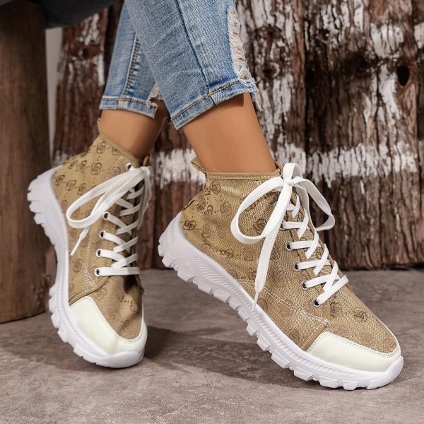 Rose-printed Lace-up Boots Fashion Breathable Canvas Shoes Sports Casual Non-slip Thick-soled Short Boot For Women - Image 3