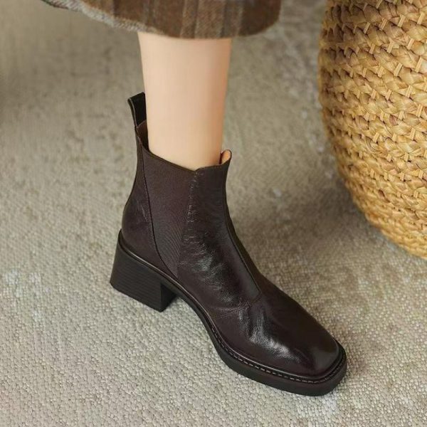 Women's Soft Leather Chunky Heel French Boots - Image 4