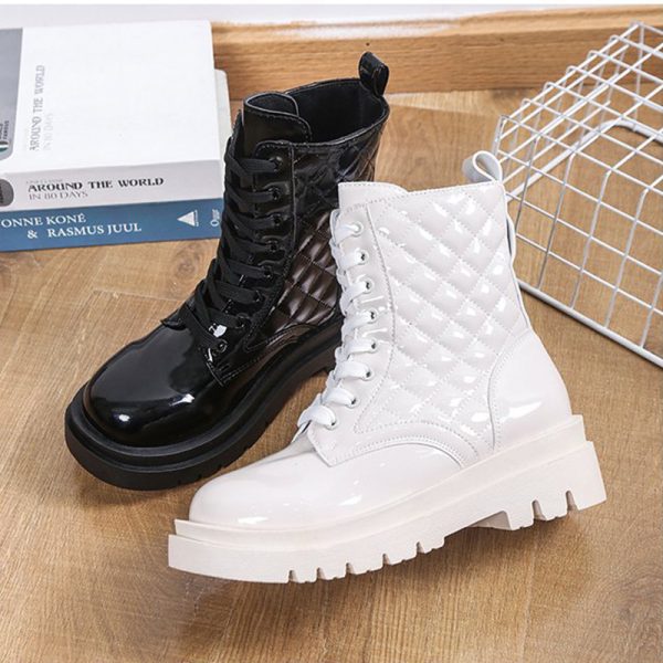 Lace-up Thick-heeled Boots Winter Casual Round Toe Platform Ankle Boots Women Fashion Quilted Pattern Minimalist Motorcycle Shoes - Image 7