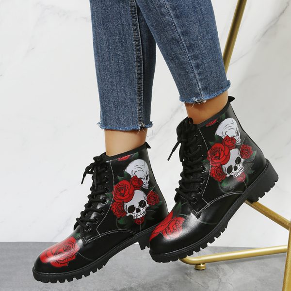 Halloween Shoes Rose Flower Print Lace-up Ankle Boots Women - Image 8